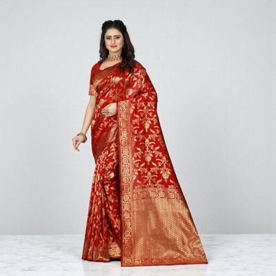 SAREEFLAME Embellished, Solid/Plain, Self Design, Striped, Temple Border, Floral Print, Woven Banarasi Art Silk, Cotton Silk Saree(Red)