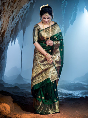 HouseOfCommon Printed, Woven Kovai Jacquard, Pure Silk Saree(Dark Green)