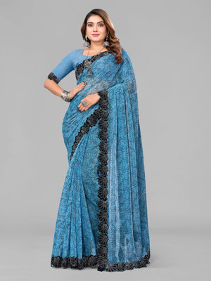 AKFABRICS Embellished Bollywood Lycra Blend Saree(Light Blue)