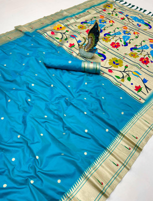 PANZORA Woven Paithani Cotton Silk Saree(Light Blue)