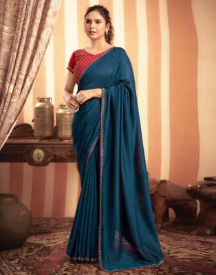 Samah Solid/Plain Bollywood Silk Blend Saree(Blue)