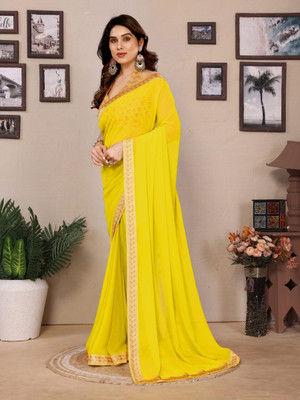 supremesarees Solid/Plain Saree with Attached Blouse Georgette Saree(Yellow)