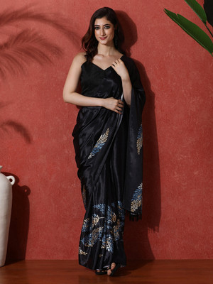Sangria Printed Saree with Attached Blouse Satin Saree(Black)