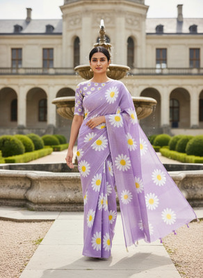 Hema Silk Mills Digital Print, Floral Print Bollywood Linen Saree(Purple)