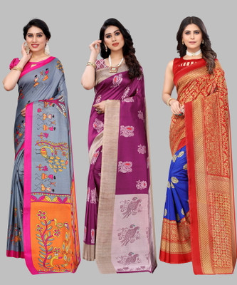 YASHIKA Printed Bollywood Art Silk Saree(Pack of 3, Multicolor)