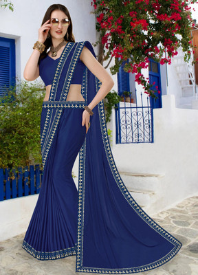 Anugrah Textile Solid/Plain Banarasi Lycra Blend, Chiffon Saree(Dark Blue)