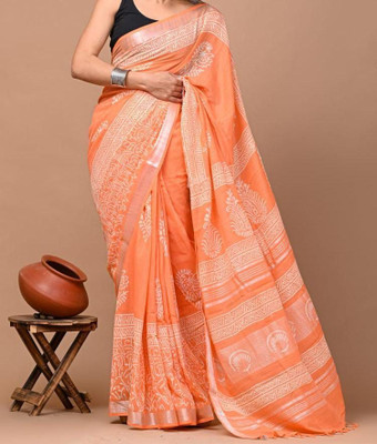 havya creation Printed Banarasi Linen Saree(Orange)
