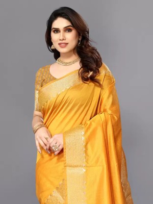 Soham Enterprise Woven Dharmavaram Pure Silk, Cotton Silk Saree(Yellow)