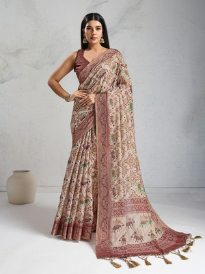 RekhaManiyar Printed Saree with Attached Blouse Silk Blend Saree(Brown)
