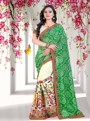Arriva Fab Printed Bandhani Georgette Saree(Green)