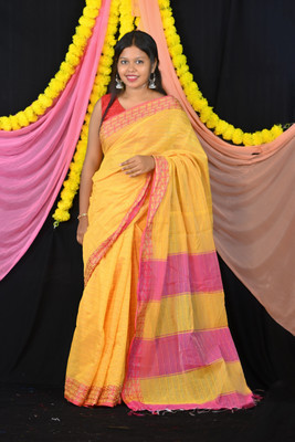 Ahana Textile Solid/Plain Handloom Cotton Blend Saree(Yellow)