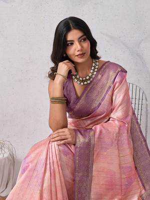 Tasrika Embellished, Geometric Print, Printed, Woven Banarasi Tussar Silk Saree(Pink)