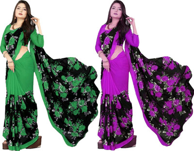 YASHIKA Printed Daily Wear Georgette Saree(Pack of 2, Purple)