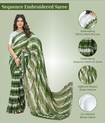 GAVUBAA Printed, Digital Print, Striped Bollywood Georgette Saree(Dark Green)