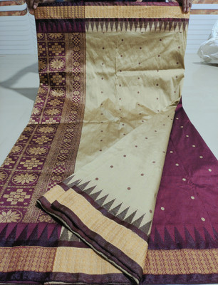 Welcome clothing center Temple Border Sambalpuri Art Silk Saree(Cream, Pink)