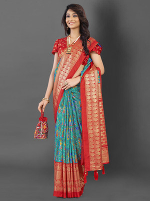 Sareemall Printed Pochampally Cotton Blend Saree(Light Blue)
