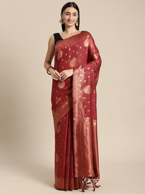 RekhaManiyar Woven Banarasi Cotton Silk Saree(Maroon)