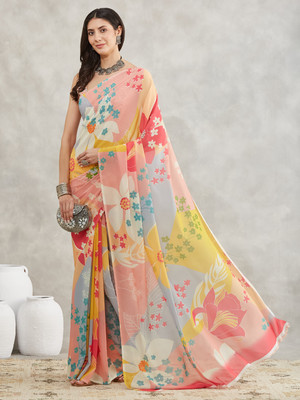 Janasya Floral Print Bollywood Georgette Saree(Multicolor)