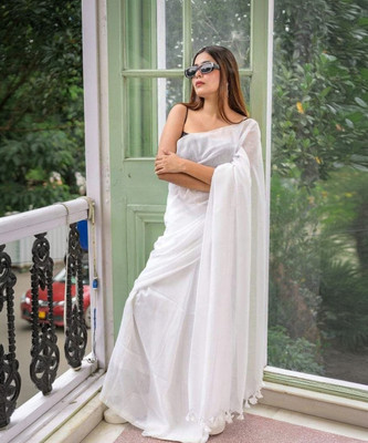 DHRITI Solid/Plain Handloom Cotton Blend Saree(White)
