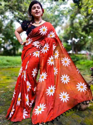 M STORE Printed Jamdani Cotton Silk Saree(Maroon)