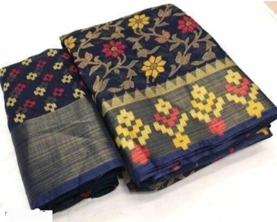 Suntex Floral Print Bollywood Cotton Silk Saree(Blue)