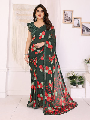 kashvi sarees Floral Print Saree with Attached Blouse Georgette, Lace Saree(Dark Green)