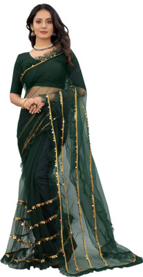 Yashakti Designer Solid/Plain Bollywood Net Saree(Dark Green)