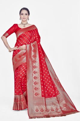 Homigoz Woven Banarasi Silk Blend Saree(Red)