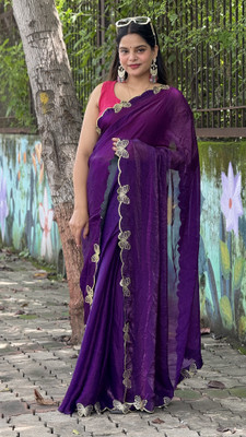 chandutextile Embellished Assam Silk Chiffon Saree(Purple)