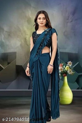 WOSTON Solid/Plain Bollywood Lycra Blend Saree(Blue)