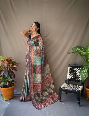 kriyafashion Printed Chanderi Cotton Linen Saree(Multicolor)