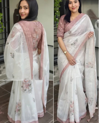 Sarthi Fashion Embroidered, Floral Print Bollywood Cotton Linen Saree(White)