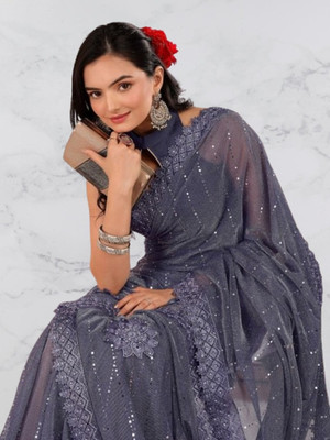 Vragi Embellished Bollywood Lycra Blend Saree(Grey)