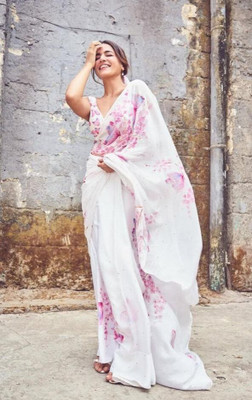 ZARISTACREATION Digital Print Bollywood Dupion Silk Saree(White)