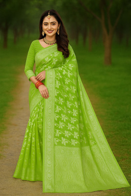 Samai Printed Banarasi Cotton Blend Saree(Light Green)