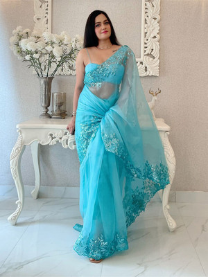 ANOUK Embroidered Chanderi Organza Saree(Blue)