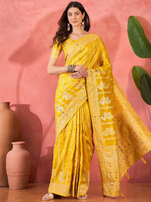 Sangria Self Design Saree with Attached Blouse Silk Blend Saree(Yellow)