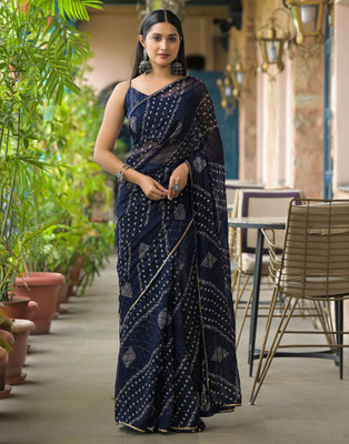 all about you Printed Bandhani Georgette Saree(Dark Blue)