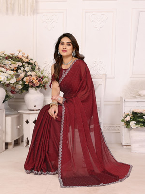 TTH Self Design Bollywood Pure Silk, Satin Saree(Maroon)