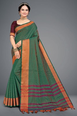 Veertrends Woven Maheshwari Cotton Silk Saree(Dark Green)