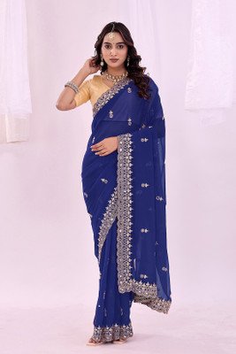 Samai Embellished Saree with Attached Blouse Georgette Saree(Blue)