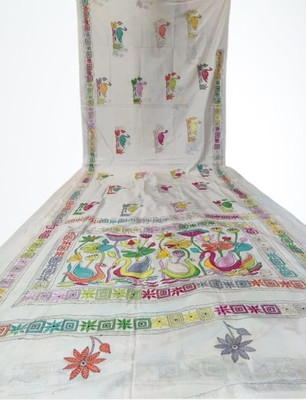 Shakuntalaa Floral Print Kantha Art Silk Saree(White)