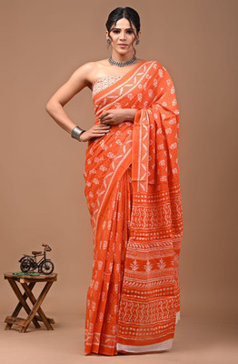 hastshilpi Printed, Color Block, Blocked Printed, Dyed, Floral Print Daily Wear Pure Cotton Saree(Red)