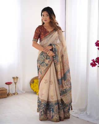 DHAYNAAND REEWA FASHION Digital Print Kalamkari Linen Saree(Beige)