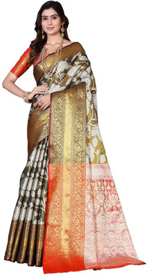 jayant creation Self Design Kanjivaram Jacquard, Silk Blend Saree(Dark Green)