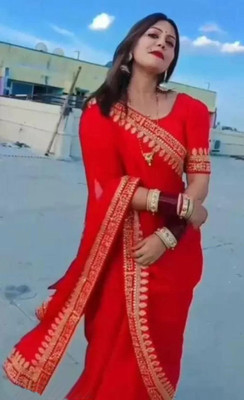 GUNHILD Self Design, Temple Border Banarasi Lycra Blend Saree(Red)