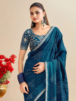 Meet Trendz Embroidered Bandhani Chiffon Saree(Dark Blue)