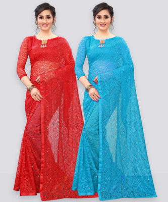 LOROFY Self Design Bollywood Net Saree(Pack of 2, Multicolor, Red)