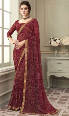 TIARAA Geometric Print Bandhani Chiffon Saree(Maroon)