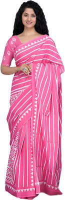 RAMNATH'S Blocked Printed, Color Block, Floral Print, Printed Ikkat Pure Cotton Saree(Pink)